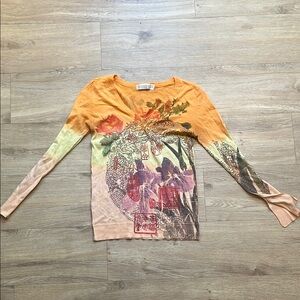 Y2K Vintage Orange Floral Long Sleeve V-Neck Top